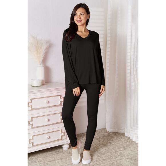 BASIC BAE Black V-Neck Soft Rayon Long Sleeve Top Pants Lounge Set NEW Misses - Picture 1 of 5